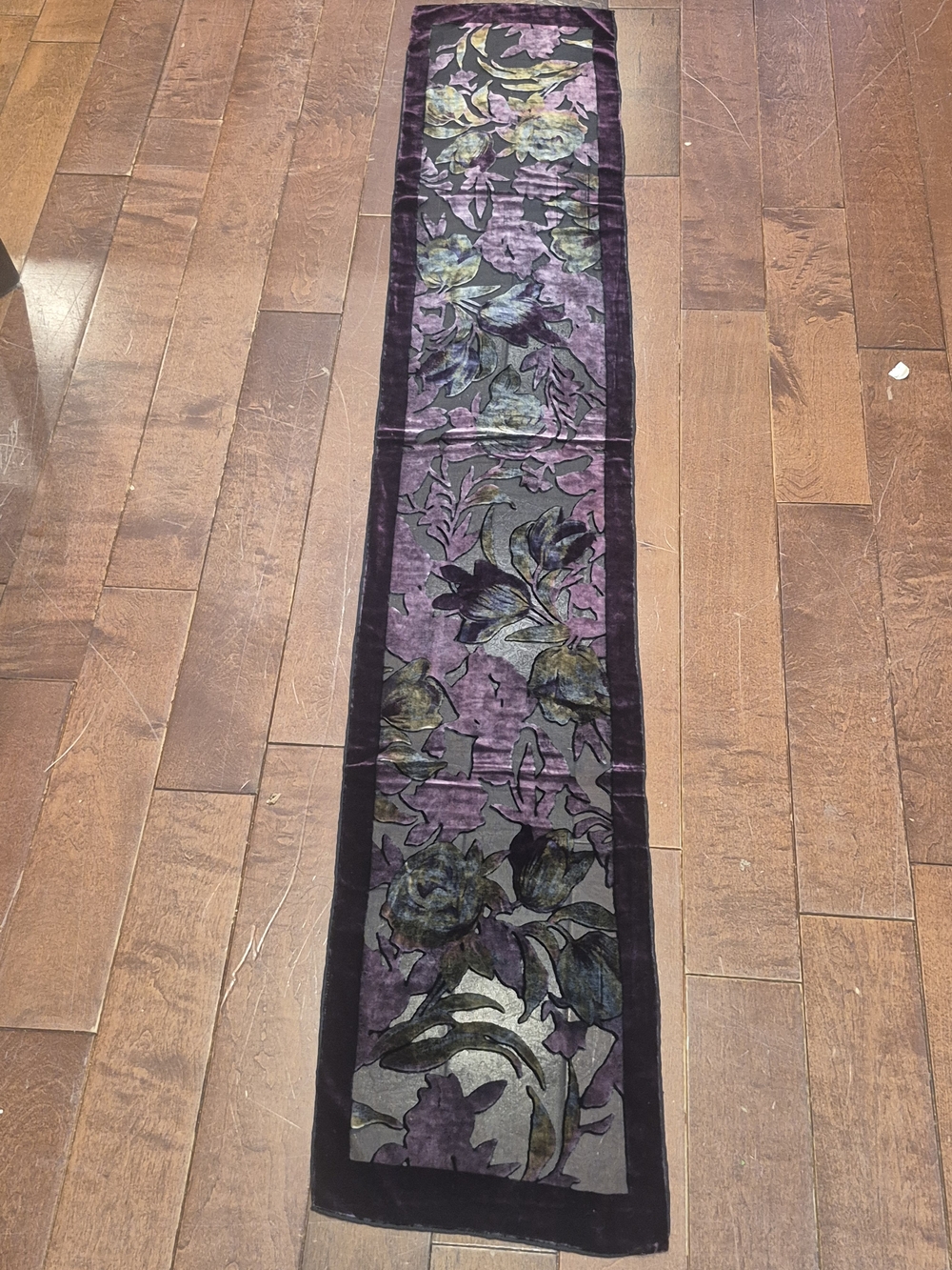 Italian Burnout Handrolled Purple Floral Velvet Scarf 9x54 - Picture 11 of 16
